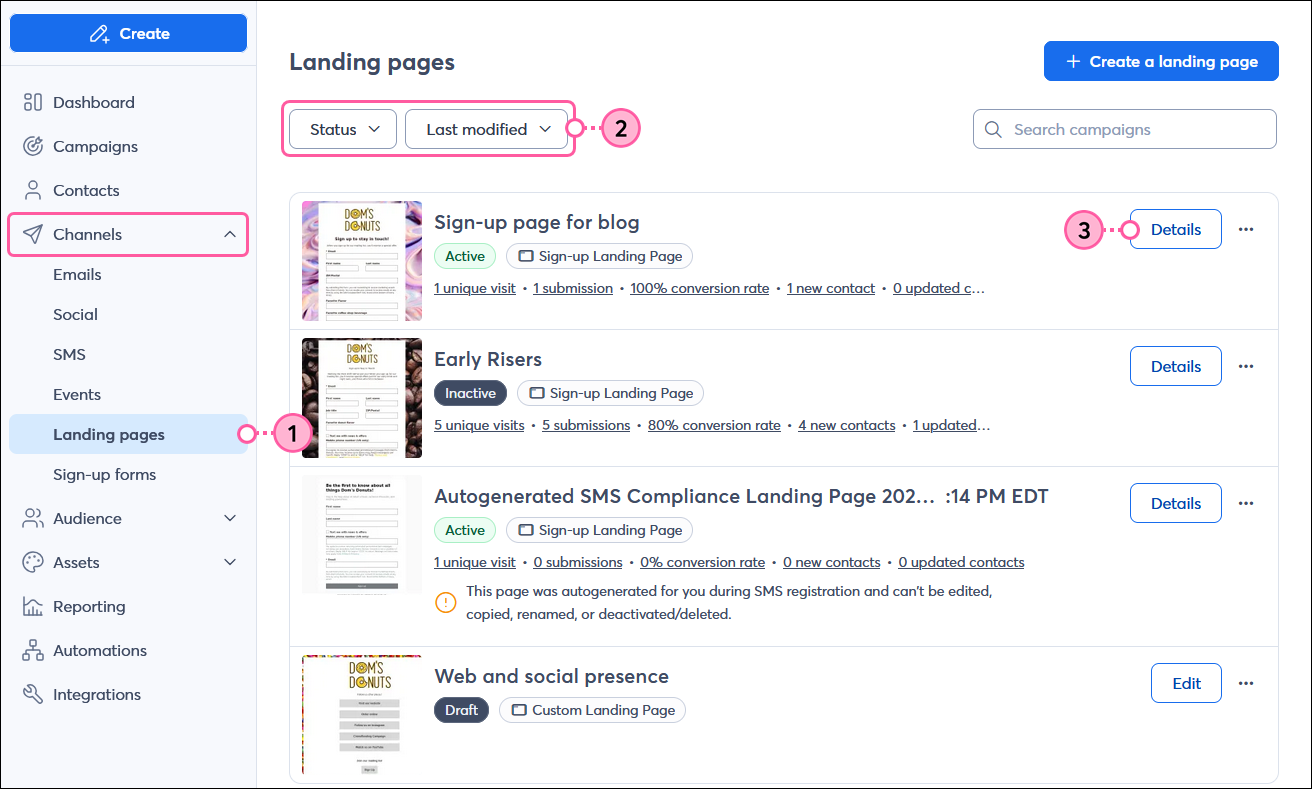 Channels menu with Landing pages option selected, Landing pages page with active landing page and Details button