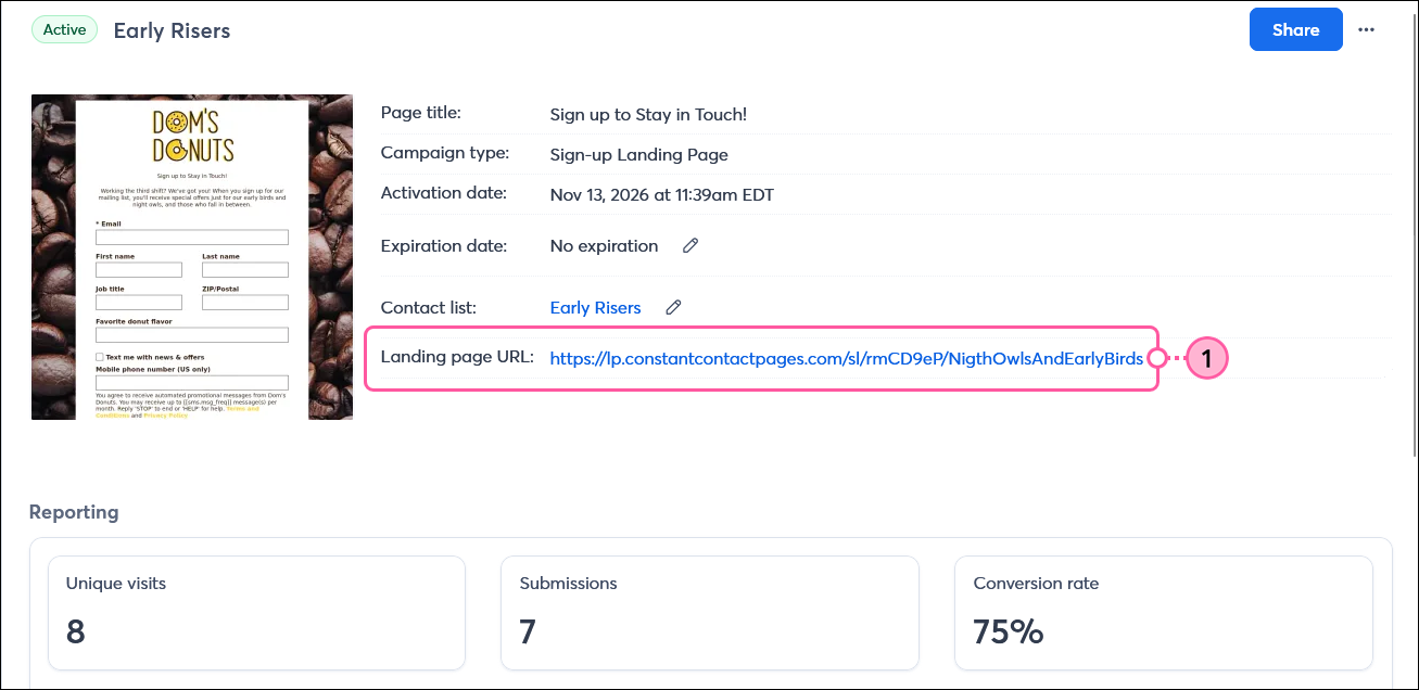 Sign-up Landing Page Details page with Landing page URL link