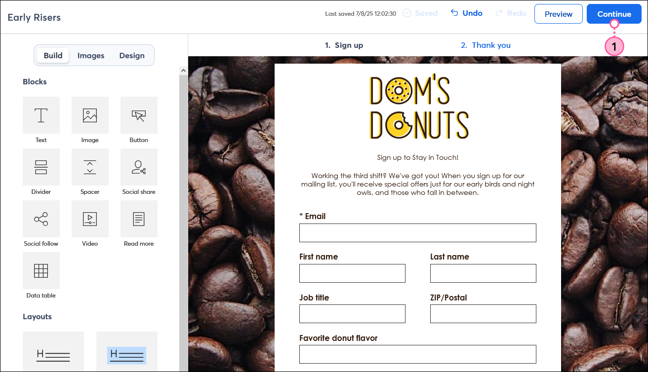 Sign-up Landing Page editor with Sign up tab selected and Continue button