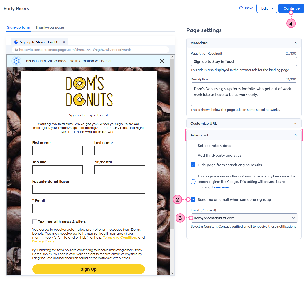 Sign-up Landing Page Page settings with Advanced menu expanded, Send me an email when someone signs up option selected, and Email (Required) drop-down menu