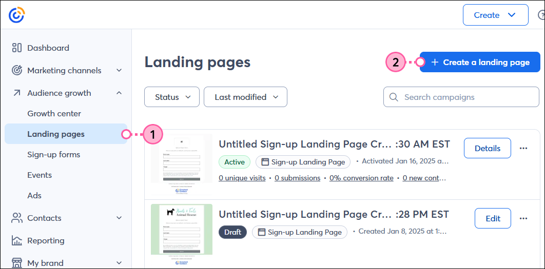 Dropdown-Menü Audience Growth (Wachstum Ihrer Kontakte), Option Landing Pages (Landingpages) und Schaltfläche Create a landing page (Landingpage erstellen)