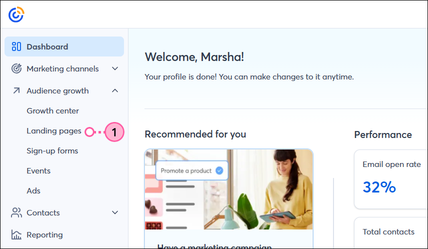 Audience Growth drop-down and Landing Pages option