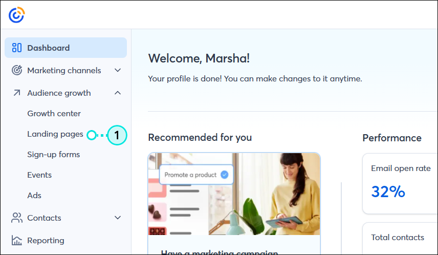 Audience Growth drop-down menu with Landing pages option selected