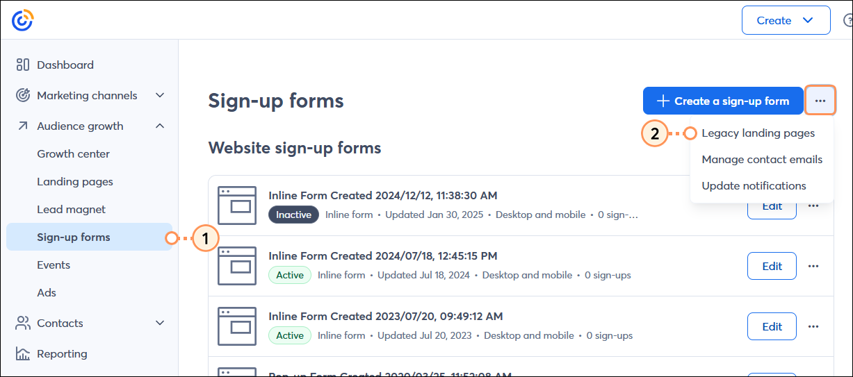 Sign-up Forms tab, More dropdown, and Legacy landing pages option