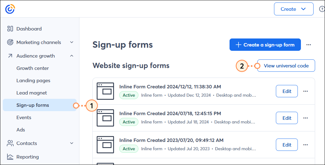 Sign-up Forms tab selected, Sign-up forms page with active forms, and View universal code button