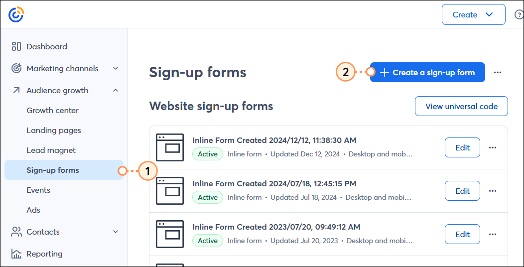 Audience Growth drop-down menu expanded and Sign-up Forms option selected, Sign-up Forms page without any sign-up forms created, and Create sign-up form button