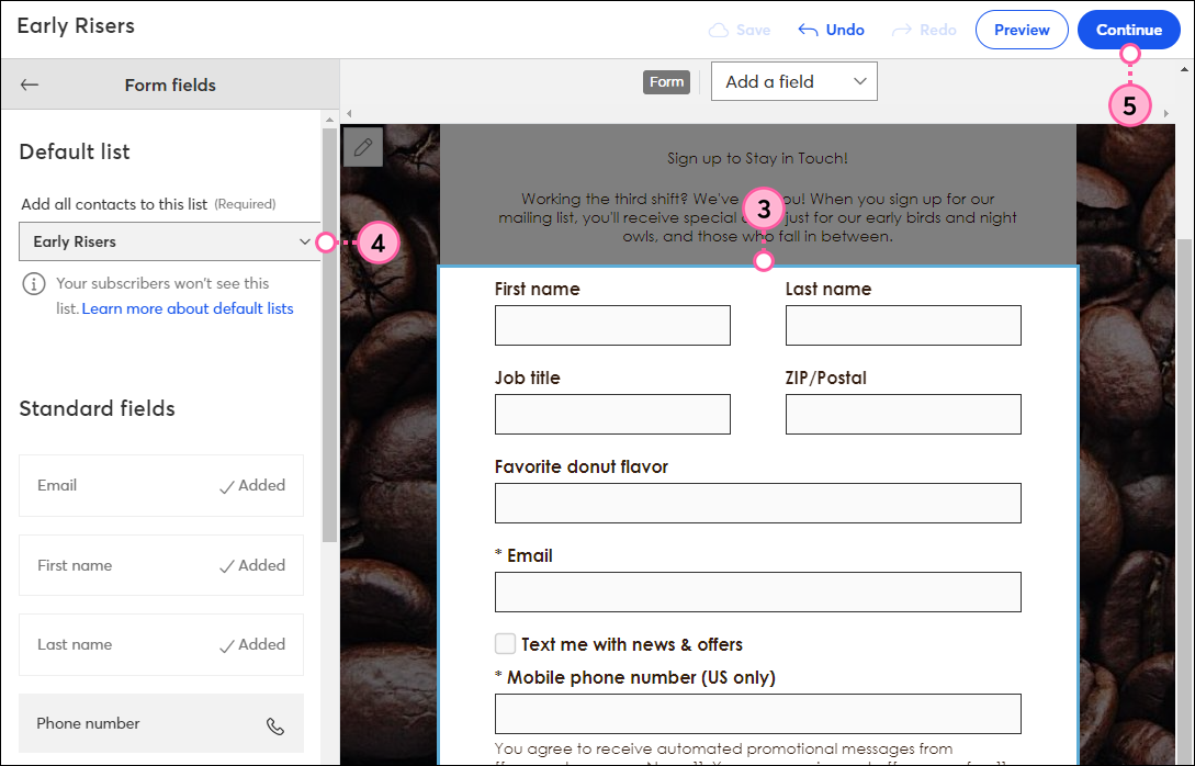 Change default list for sign up landing page