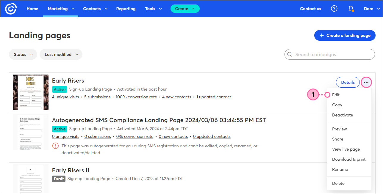 Edit Sign Up Landing Page