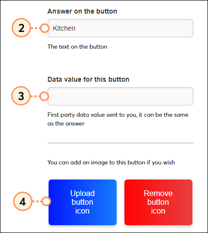 Edit the button text, add a data value, and upload an icon