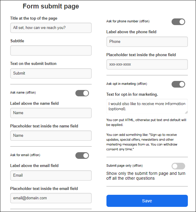 Form Submit Page Settings and Save button