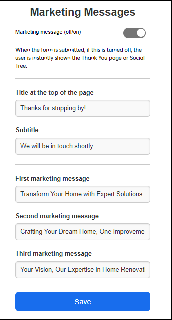 Marketing Messages toggle and settings