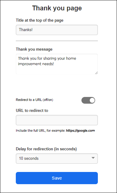 Thank you page settings and optional redirect