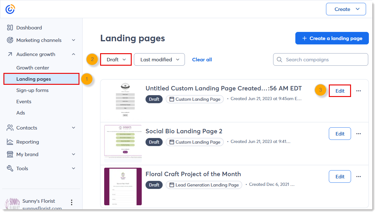 Landing Pages Tab, Draft Lead Generation Landing Page, and Edit button