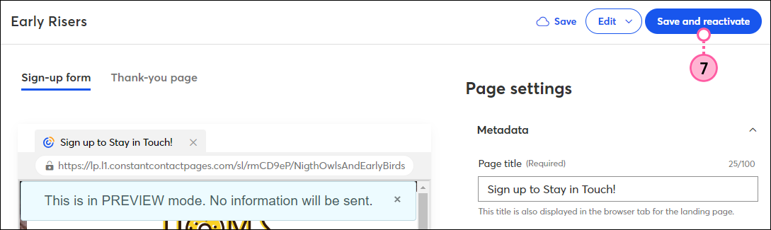 save and reactivate landing page
