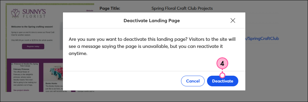 Landing Page Details Page, Deactivate Landing Page Overlay, and Deactivate Button