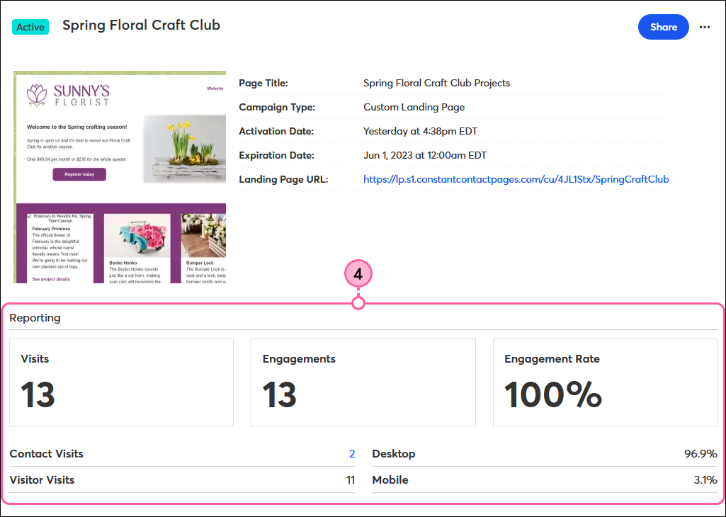 Custom Landing Page Details Page Reporting Section