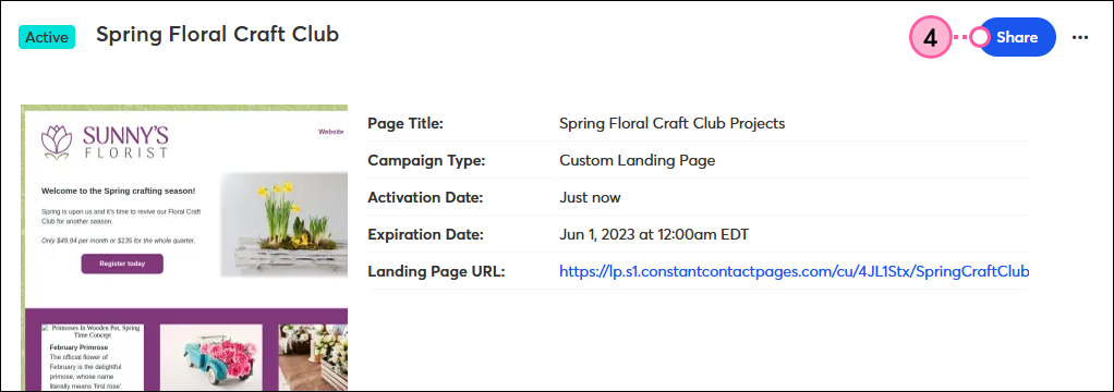 Página Custom Landing Page Details (Detalles de la página de bienvenida personalizada) y botón Share (Compartir)