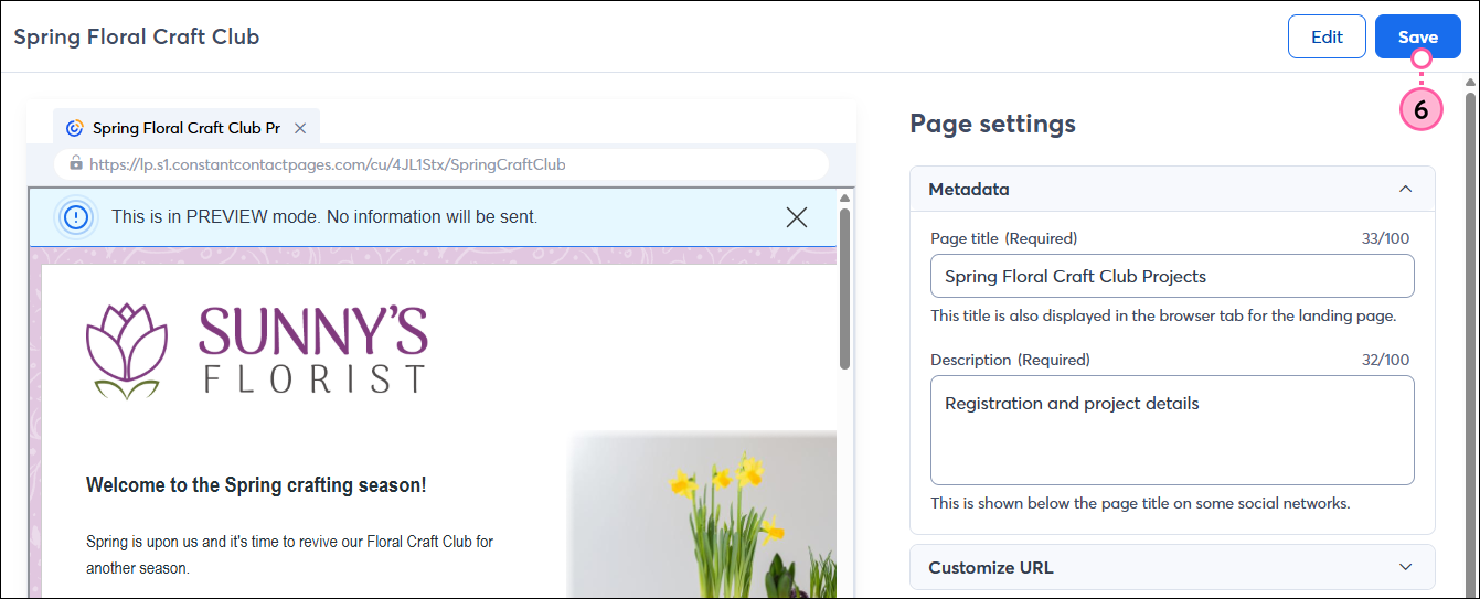 Active Custom Landing Page, Page Settings, and Save button