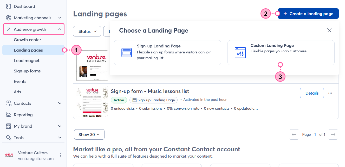 Audience Growth menu expanded with Landing pages option selected, Landing pages dashboard with + Create a landing page button and Choose a Landing Page menu with Custom Landing Page option selected
