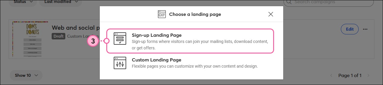 Choose a landing page overlay with Sign-up Landing Page option selected