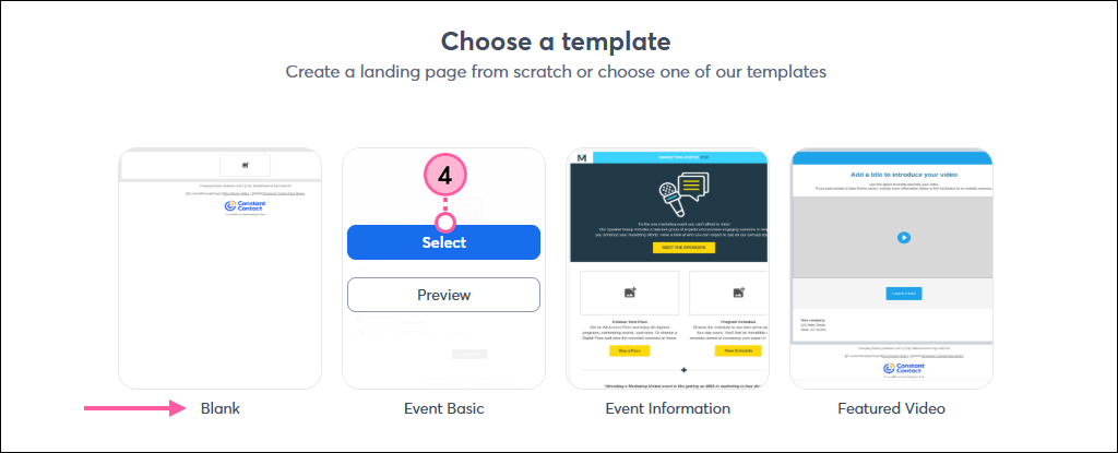 Choose a template page with Blank template option, and template thumbnail with Select button displayed