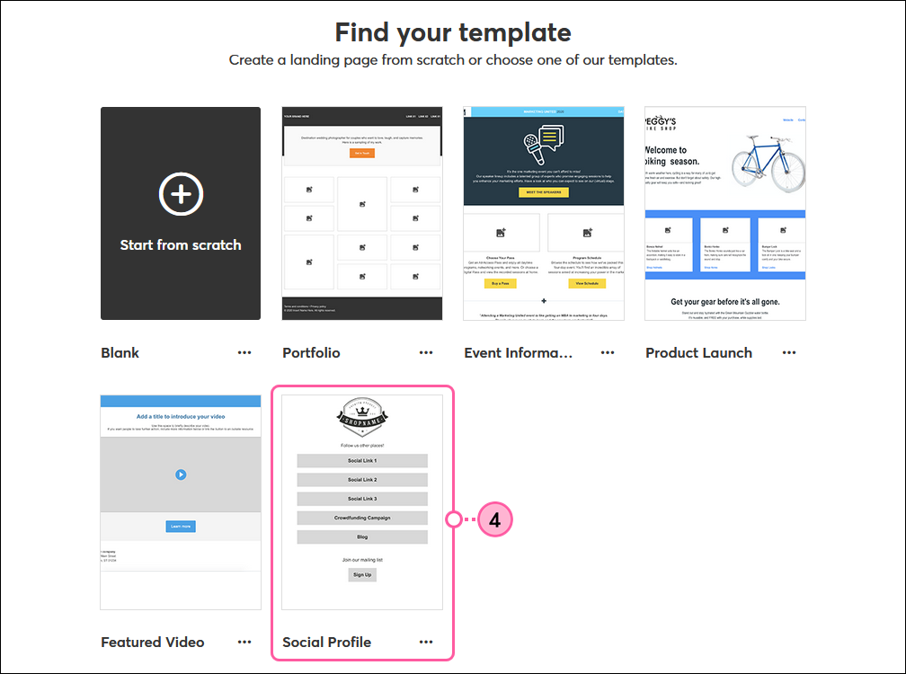 Selector de plantilla de Página de bienvenida personalizada y opción Perfil social