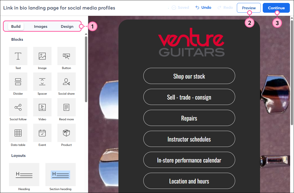 Landing page editor with Build, Images, and Design tabs, Page settings option, and Preview and Continue buttons