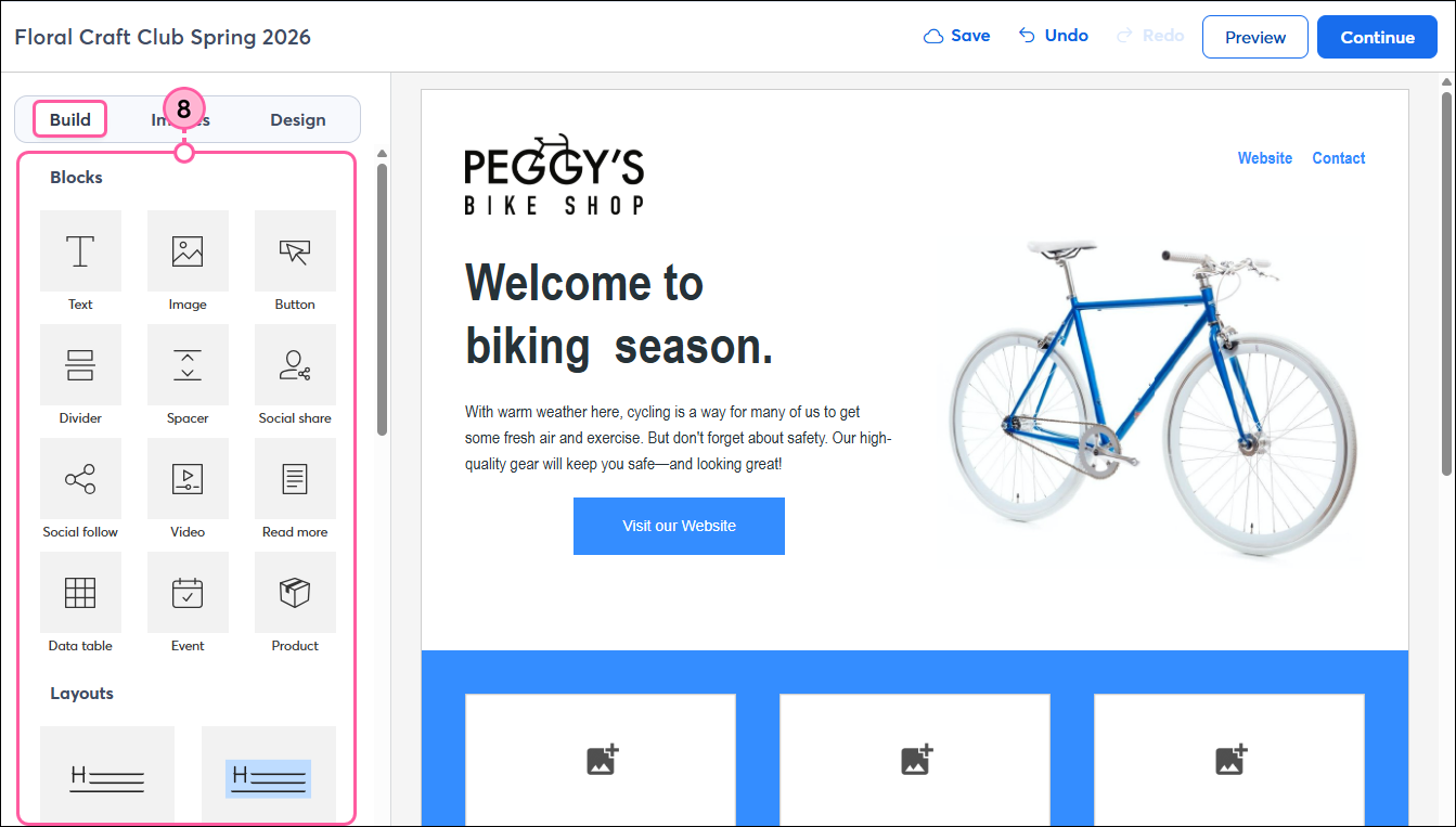 Landing page editor with Build tab selected