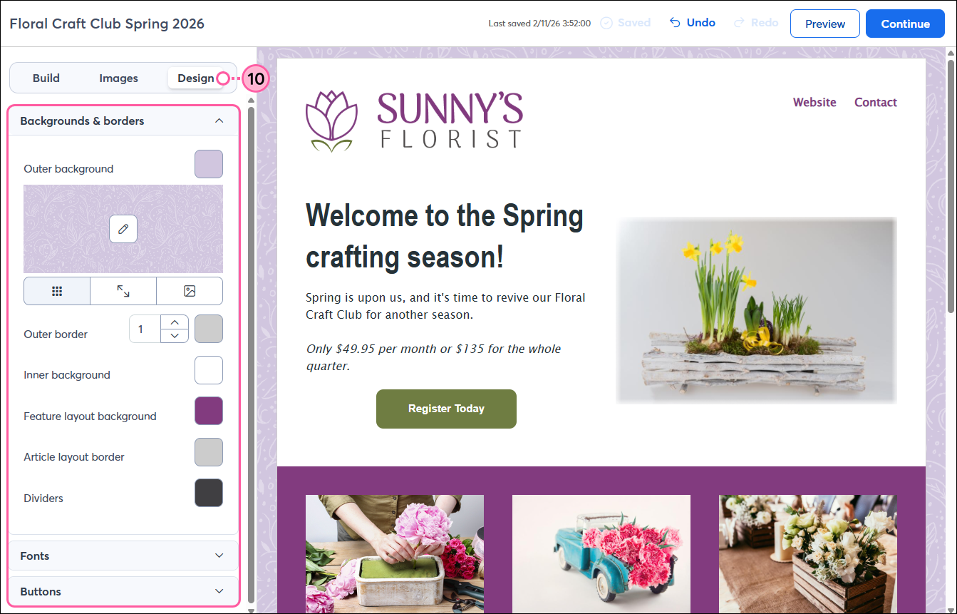 Landing page editor with Design tab selected, Backgrounds and Borders options expanded, and colors applied to the template