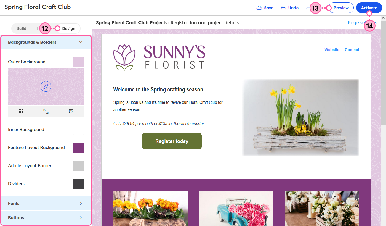 Registerkarte Design, Menü „Backgrounds & Borders“ (Hintergründe und Ränder) aufgeklappt, Schaltfläche „Preview“ (Vorschau) und Schaltfläche „Publish“ (Veröffentlichen)