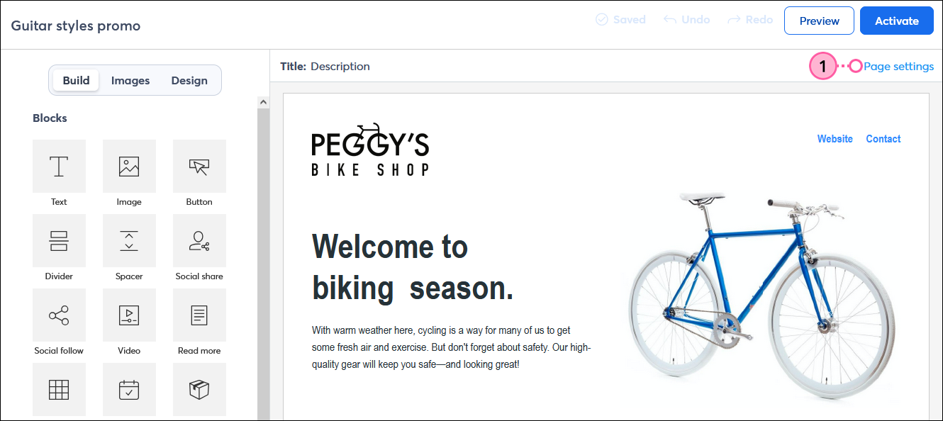 Landing page editor with Page settings option