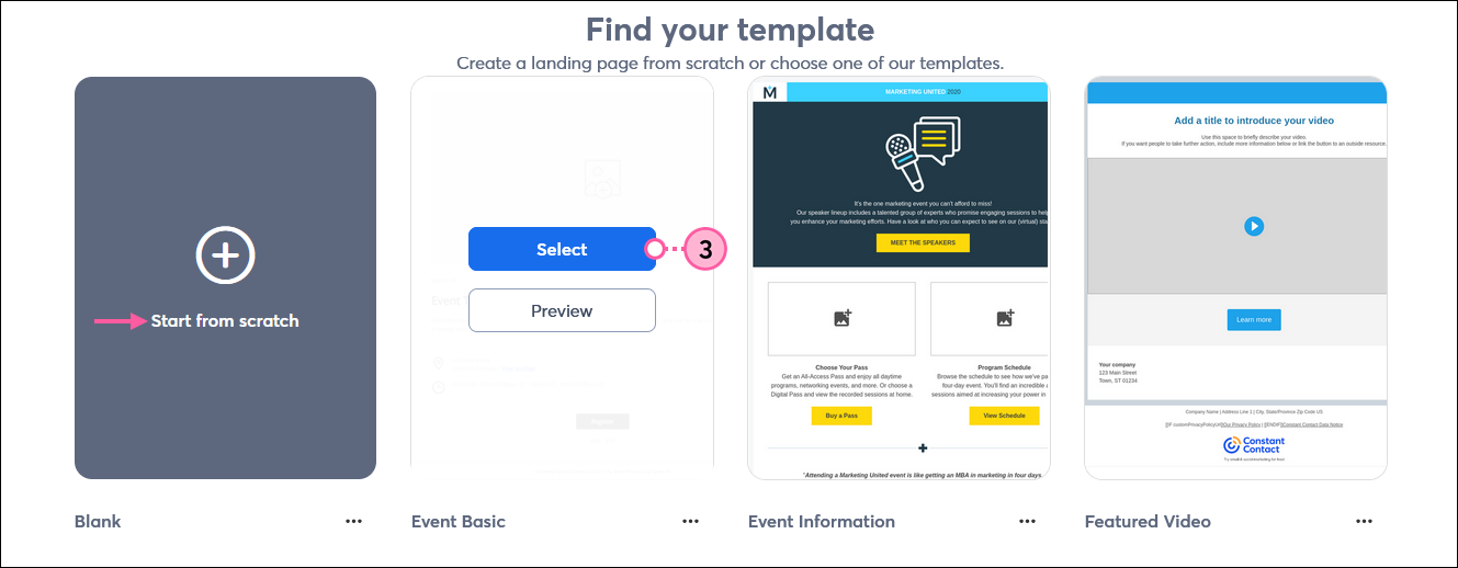 Find your template page with Blank template option, and template thumbnail with Select button displayed