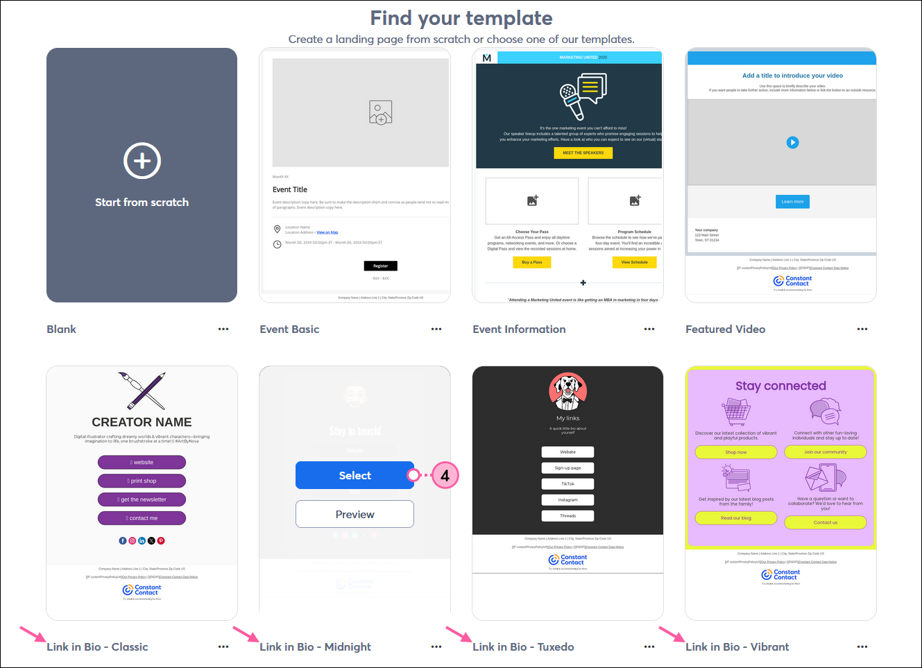 Custom Landing Page template picker and Social Profile option