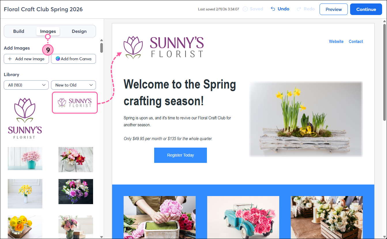 Landing page editor with Images tab selected, and logo being dragged and dropped into the template