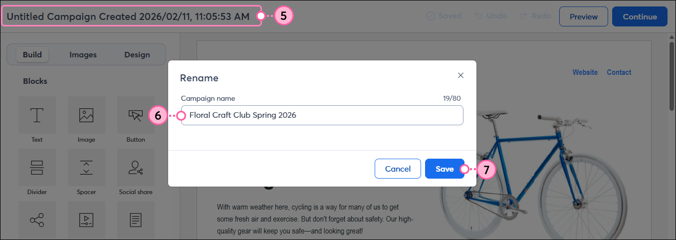 Landing page title, Rename overlay with Campaign Name field and Save button