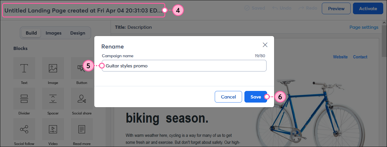 Landing page title, Rename overlay with Campaign Name field and Save button