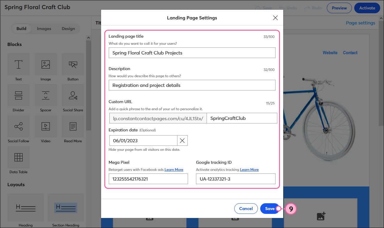 „Landing Page„ mit den Feldern „Title“ (Titel) und „Description“ (Beschreibung), der Option „Custom URL“ (Benutzerdefinierte URL), dem „Expiration Date“ (Ablaufdatum), den Feldern „Facebook Pixel ID“ und „Google Tracking ID“ sowie der Schaltfläche „Save“ (Speichern).