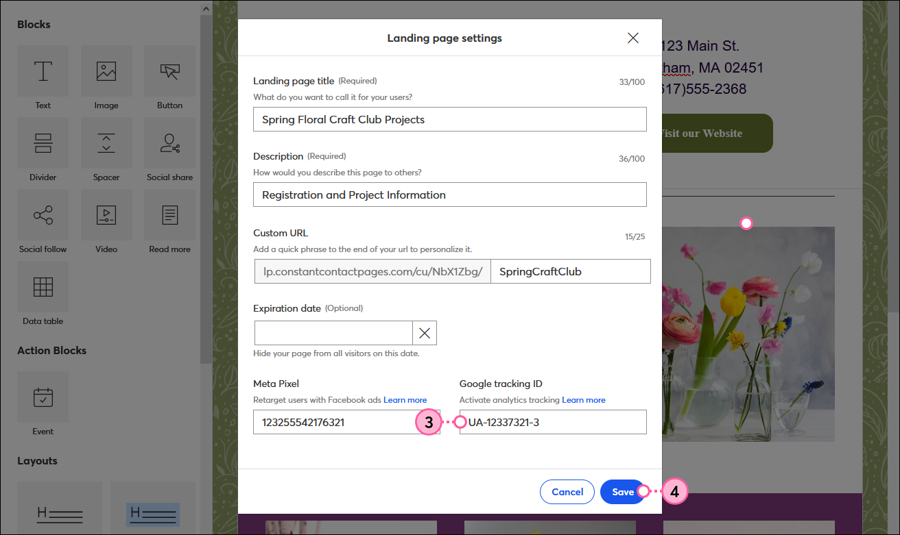Landing page settings overlay with Google tracking ID field and Save button