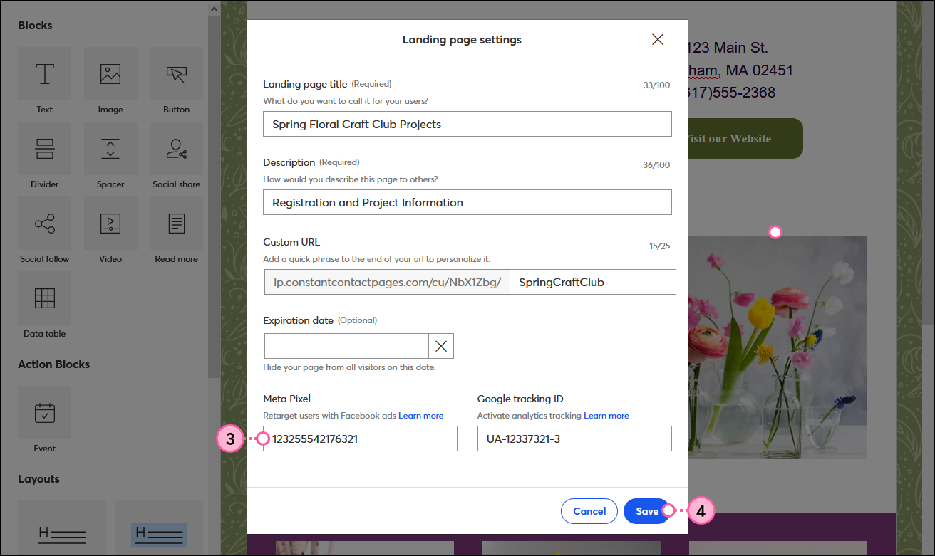Landing page settings overlay with Meta Pixel field and Save button