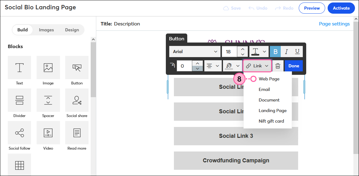 Editor de página de bienvenida personalizada, pestaña Build (Crear), barra de herramientas Button (Botón) con menú Link (Enlace) expandido y opción Web Page (Página web)