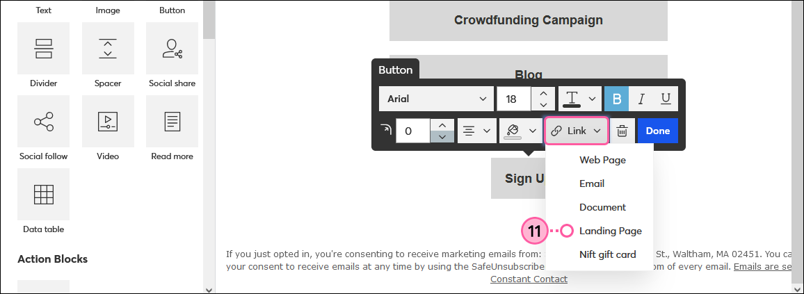 Editor de página de bienvenida personalizada, pestaña Build (Crear), barra de herramientas de botón Sign Up (Suscribirse), menú Link (Enlace) expandido y opción Landing Page (Página de bienvenida)
