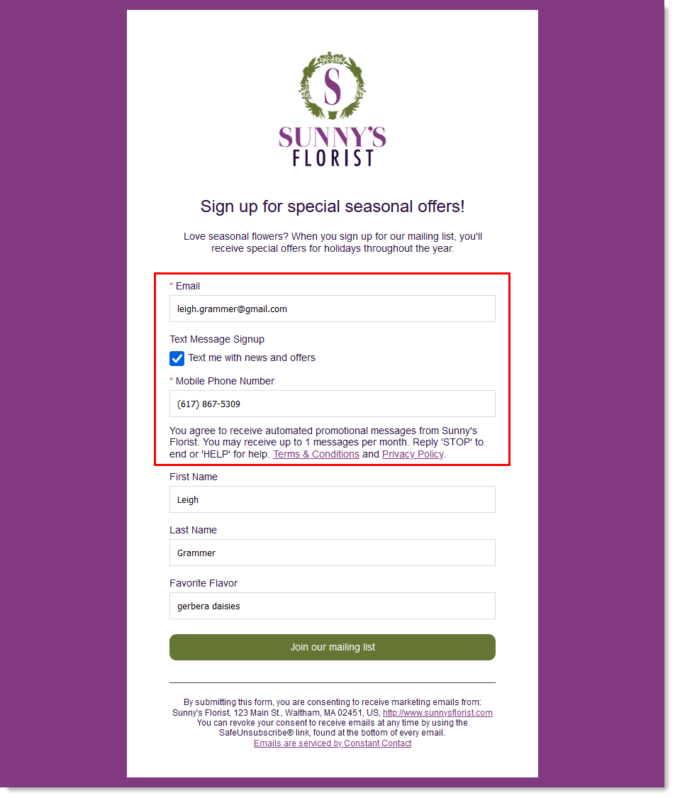  Página de bienvenida de generación de clientes potenciales de ejemplo con opción Text Message Signup (Registro a mensajes de texto) seleccionada, campo Email (Correo electrónico) y campo Mobile Phone Number (Número de teléfono móvil)