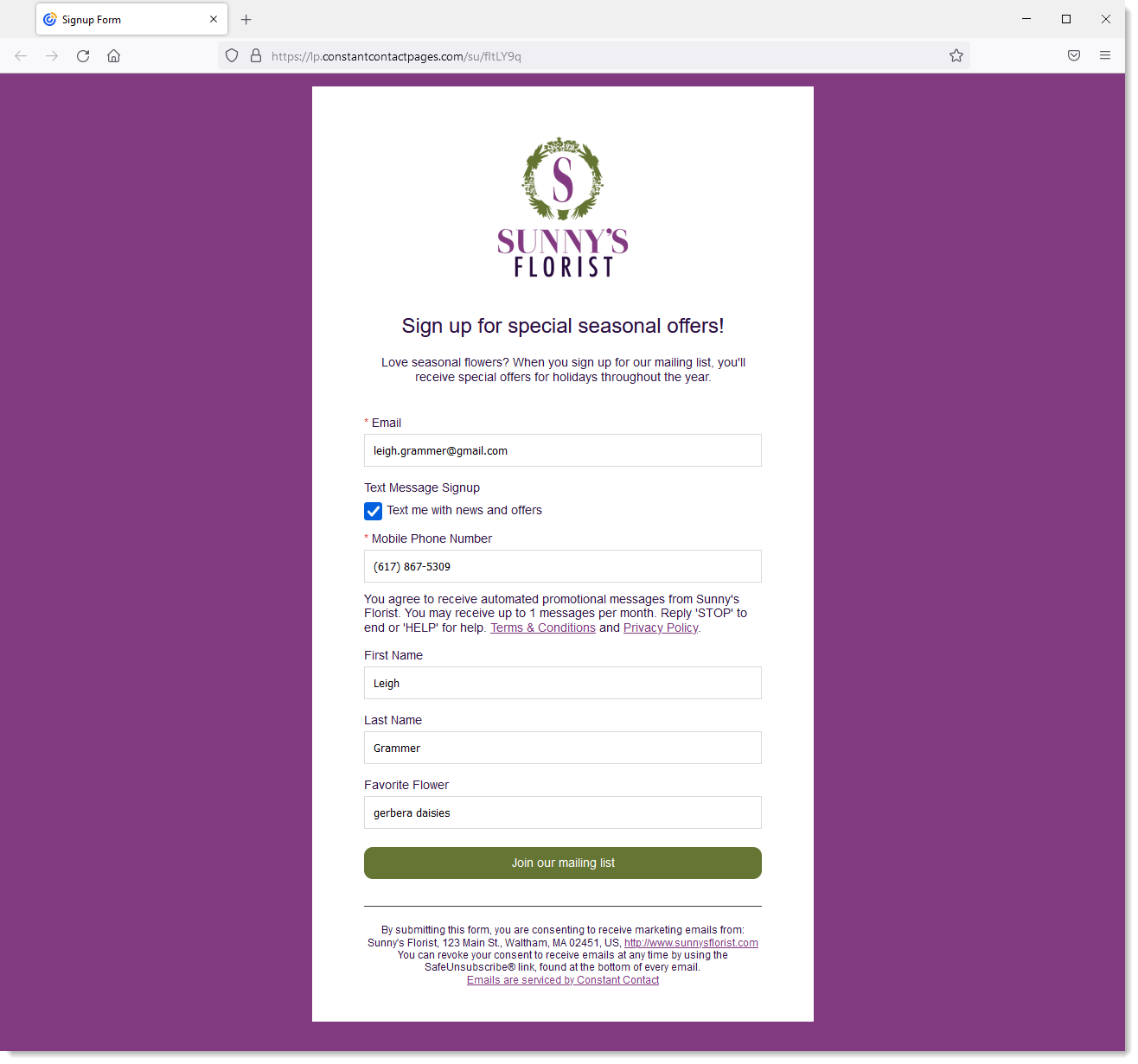 Example Lead Generation Landing Page as seen in browser with Text Message Signup section and Text me with news and offers option selected