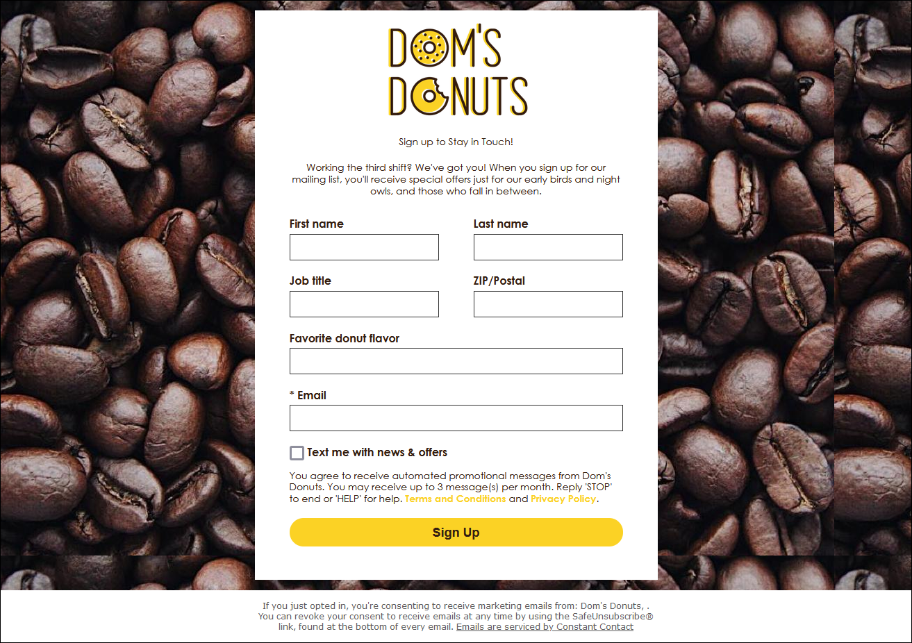 Example Sign-up Landing Page sign-up form with custom field, SMS opt-in option, and 'Sign Up' button