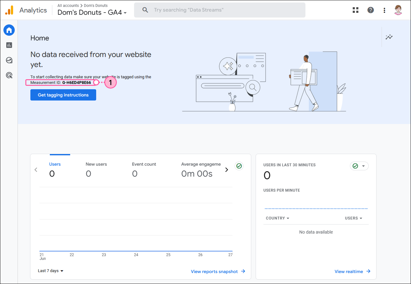 Google Analytics Hime page with Measurement ID