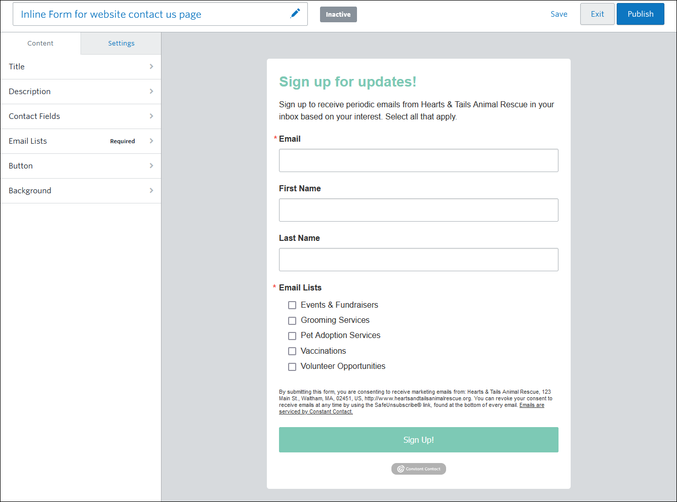 Example website sign-up form with brand colors and multiple list options