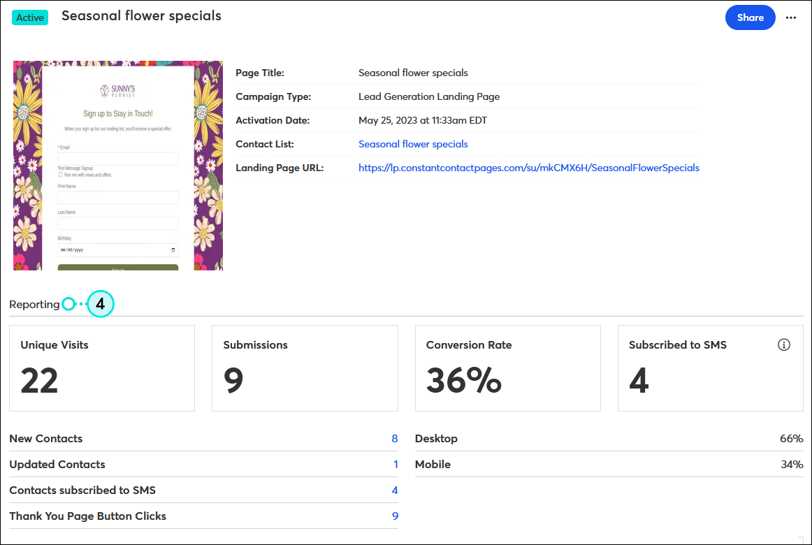 Lead Generation Landing Page Details page with Reporting section