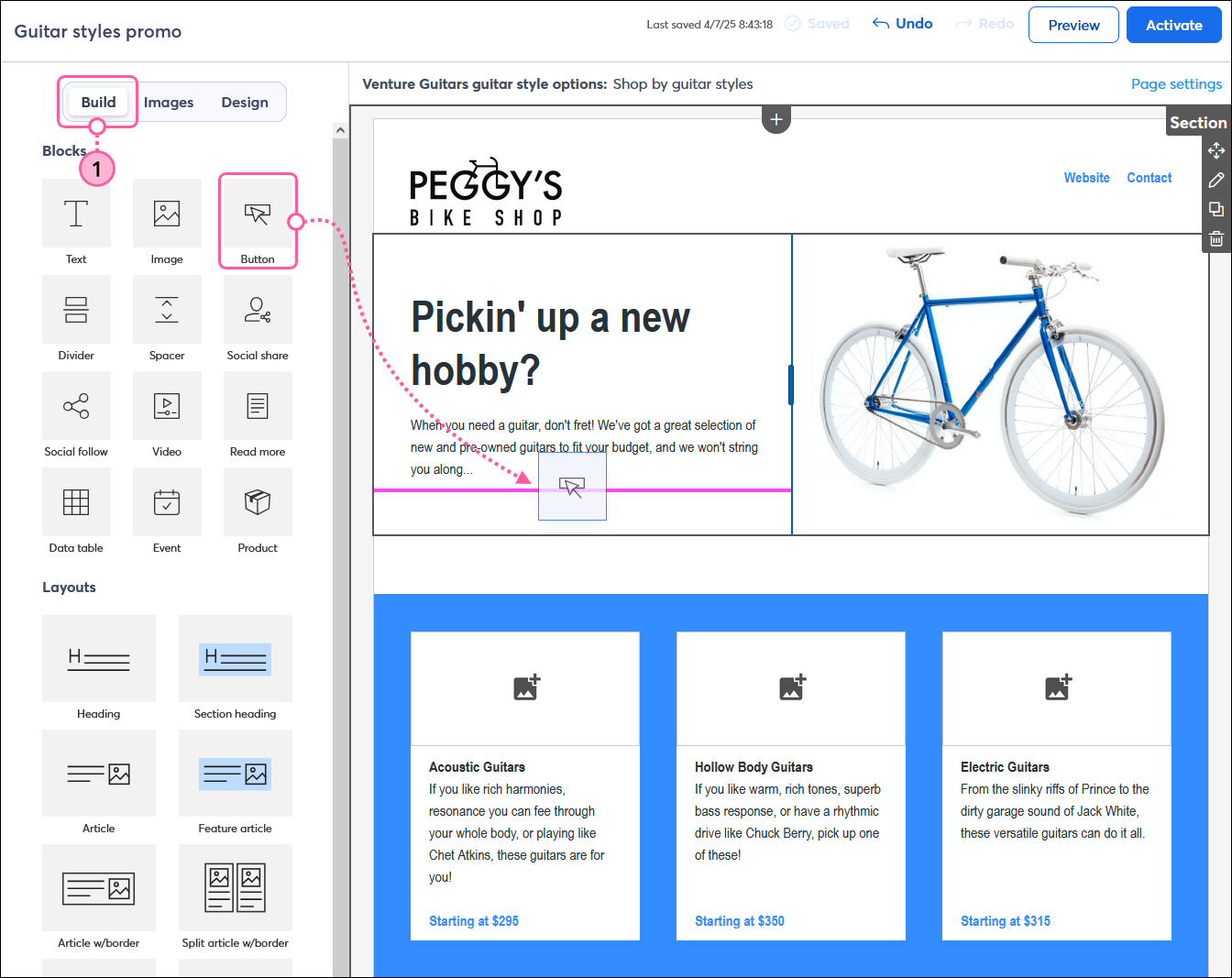 Landing page editor with Build tab selected, and Button block being dragged and dropped into the template