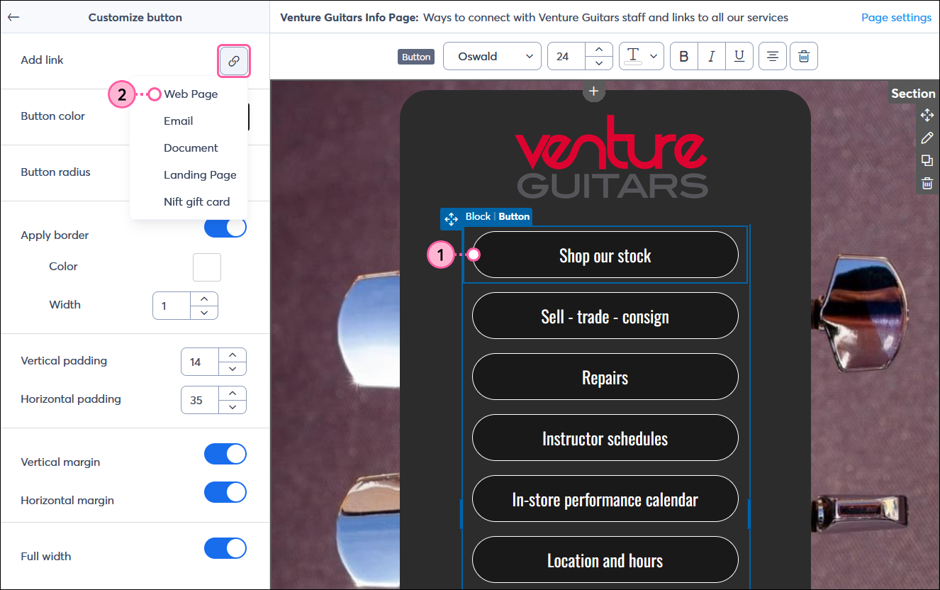 Landing page editor with Button block and Customize button menu, and Add link option with Web Page option selected