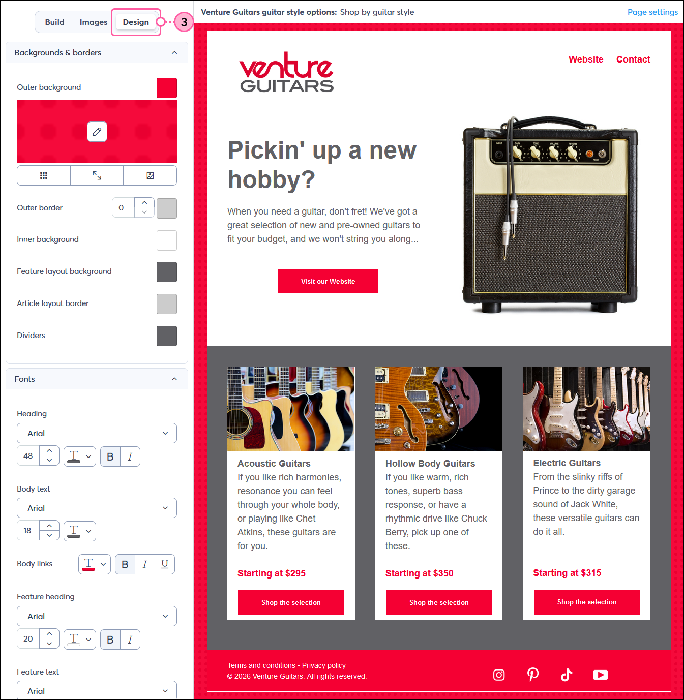 Landing page editor with Design tab selected and Backgrounds & borders and Fonts menus expanded, and colors applied to the template